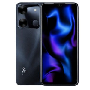 Black itel A05s smartphone front and back