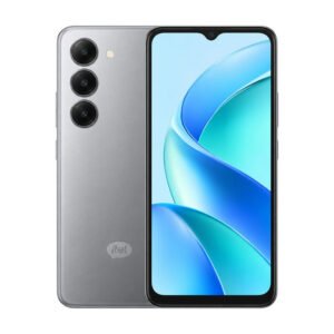 Silver itel A100 smartphone front and back